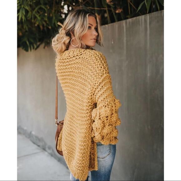 Golden Hour Glow slouchy billowy oversized honeycomb pom slv cardigan sweater - Picture 5 of 9